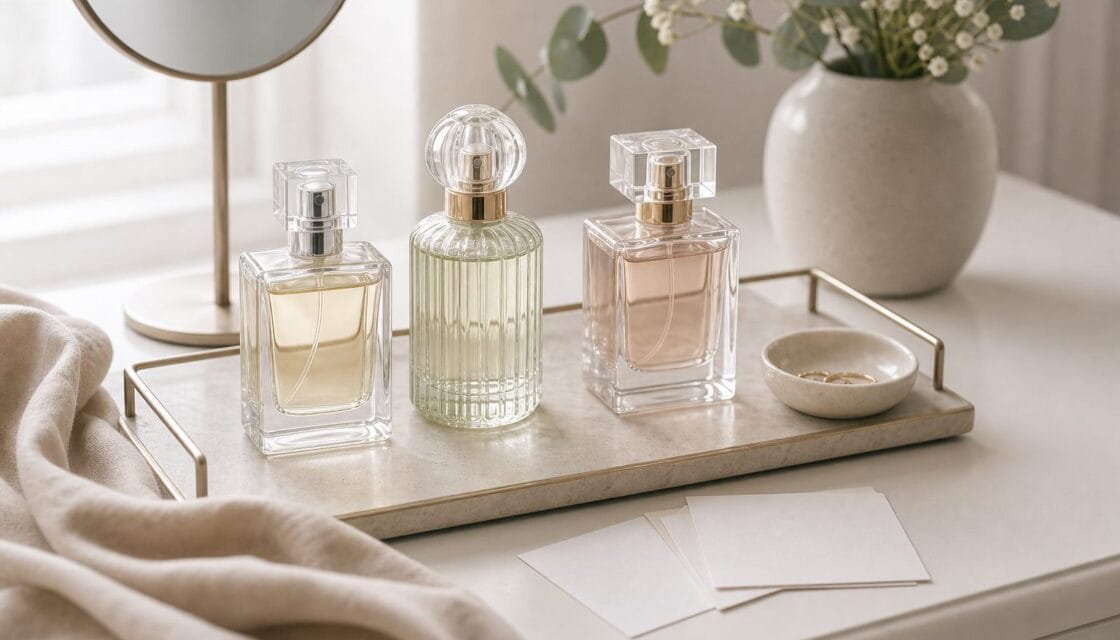 Tres perfumes sin marca organizados en una bandeja sencilla con tarjetas en blanco