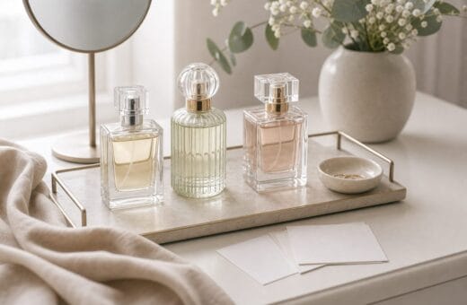 Tres perfumes sin marca organizados en una bandeja sencilla con tarjetas en blanco