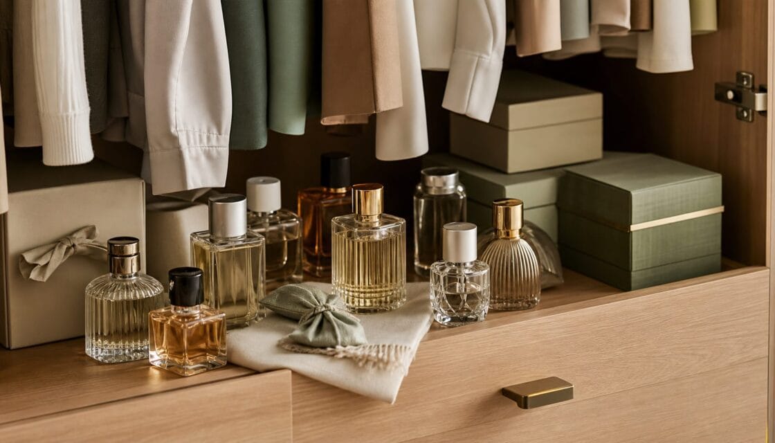 Frascos de perfume guardados en un armario elegante lejos de luz directa
