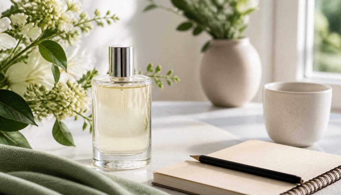 Perfume suave para uso diario sobre una mesa limpia con flores y libreta
