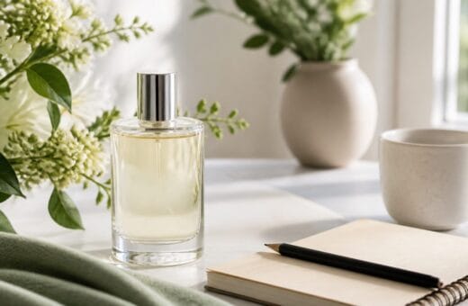 Perfume suave para uso diario sobre una mesa limpia con flores y libreta