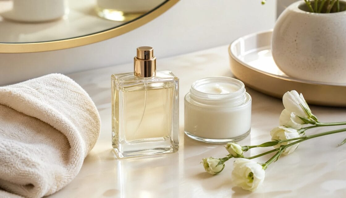 Persona aplicando perfume de forma moderada junto a crema neutra y flores