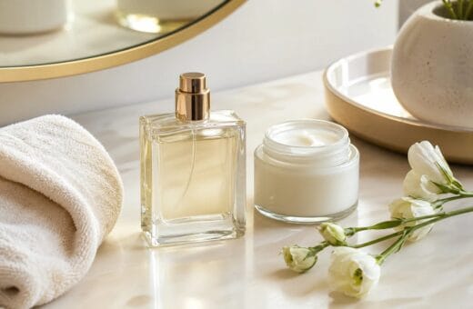Persona aplicando perfume de forma moderada junto a crema neutra y flores
