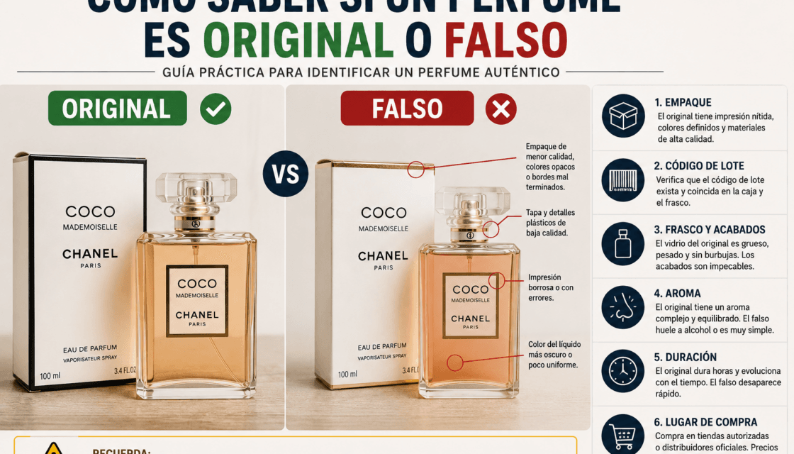 Comparación entre un perfume original y uno falso mediante el empaque, código de lote, frasco y aroma.