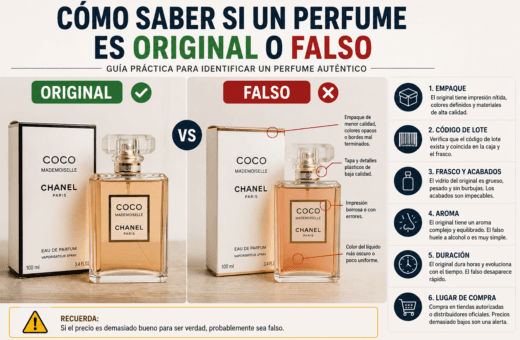 Comparación entre un perfume original y uno falso mediante el empaque, código de lote, frasco y aroma.