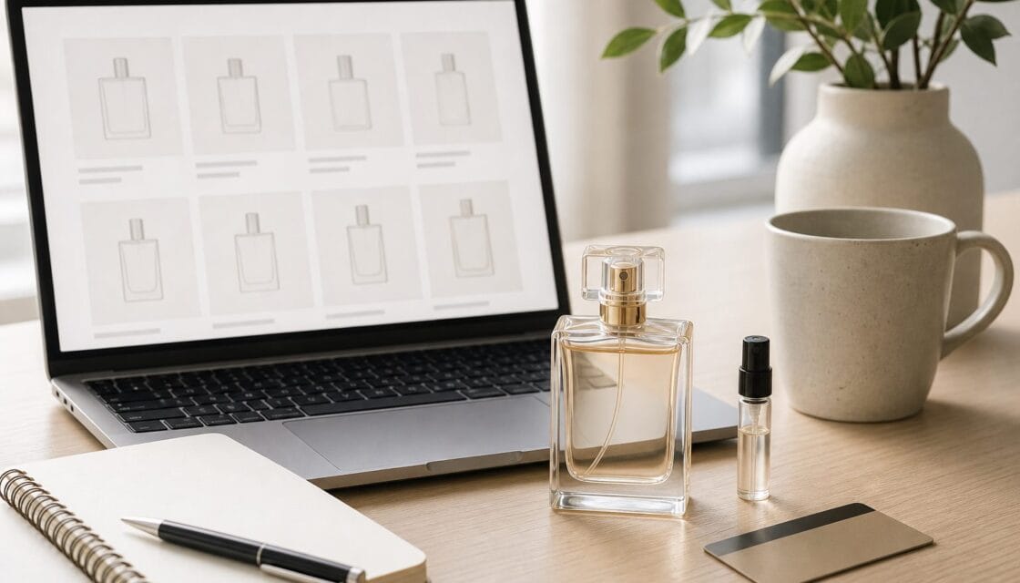 Perfume sin marca junto a laptop, muestra, libreta en blanco y tarjeta boca abajo