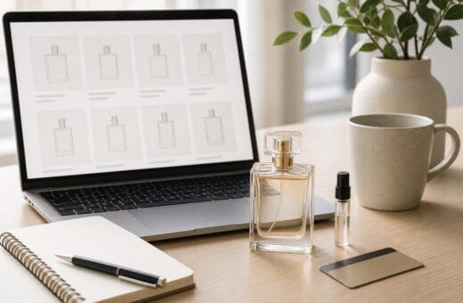 Perfume sin marca junto a laptop, muestra, libreta en blanco y tarjeta boca abajo