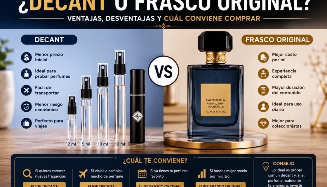 Comparación entre un decant de perfume y un frasco original mostrando sus principales diferencias de tamaño, precio y uso.