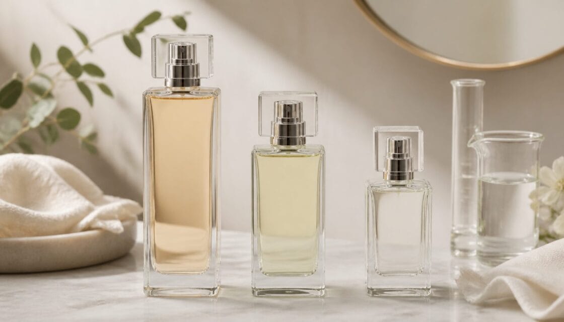Tres frascos de perfume sin marca con etiquetas genéricas sobre fondo claro
