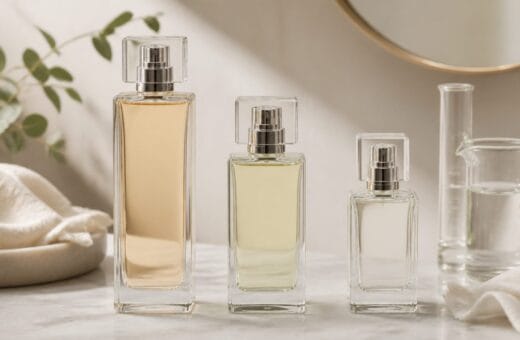 Tres frascos de perfume sin marca con etiquetas genéricas sobre fondo claro
