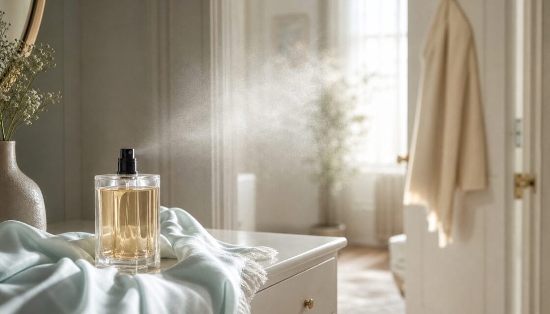 Frasco de perfume en una habitacion luminosa con tela y ambiente suave
