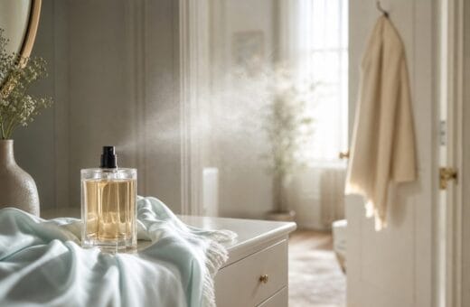 Frasco de perfume en una habitacion luminosa con tela y ambiente suave