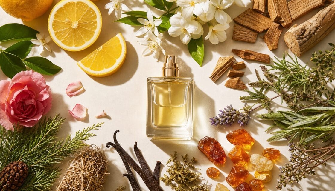 Ingredientes de familias olfativas como cítricos flores maderas y especias