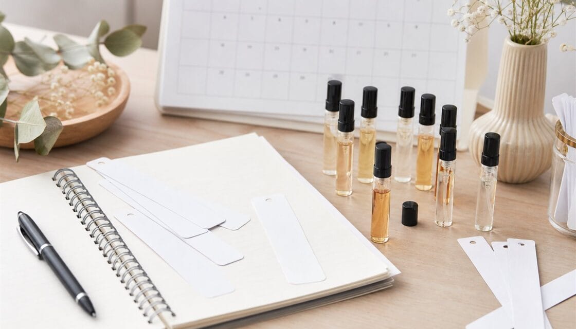 Muestras de perfume organizadas con tiras olfativas y una libreta de evaluacion