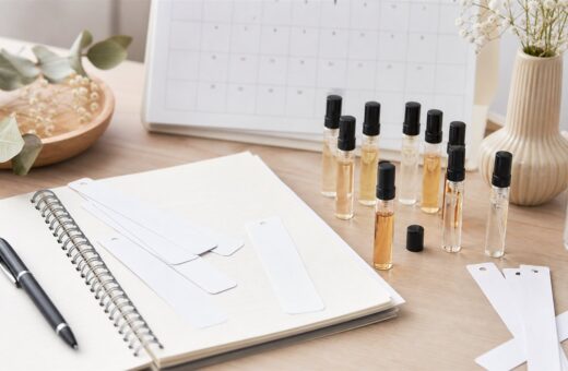 Muestras de perfume organizadas con tiras olfativas y una libreta de evaluacion
