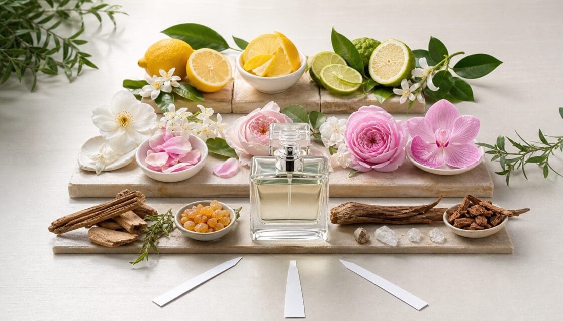 Mesa de perfumería con tiras olfativas y materias aromáticas ordenadas