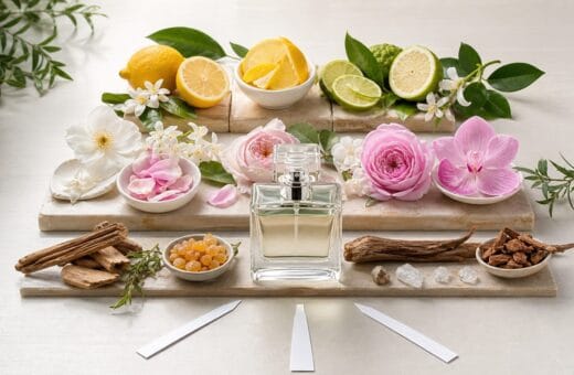 Mesa de perfumería con tiras olfativas y materias aromáticas ordenadas