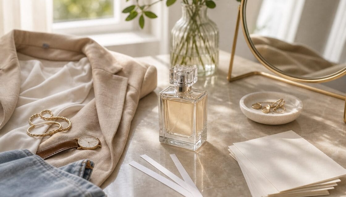 Perfume sin marca junto a prendas neutras, espejo y tiras olfativas
