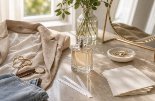 Perfume sin marca junto a prendas neutras, espejo y tiras olfativas