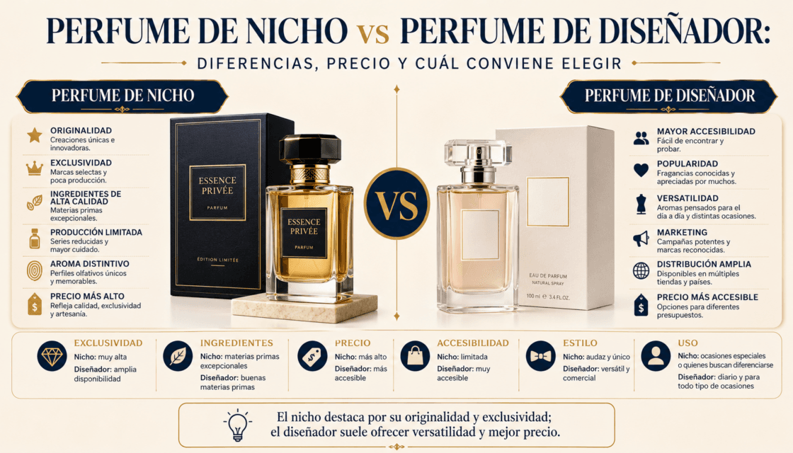 Comparación entre un perfume de nicho y un perfume de diseñador según exclusividad, ingredientes, precio y accesibilidad.