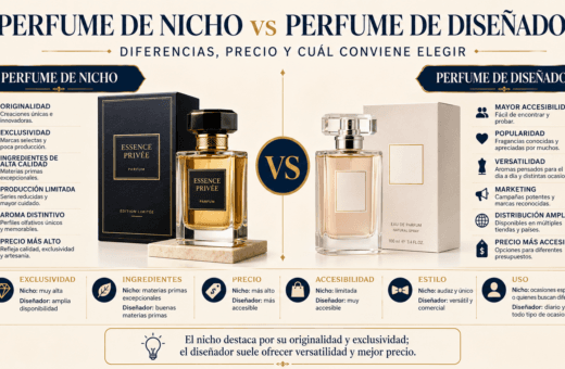 Comparación entre un perfume de nicho y un perfume de diseñador según exclusividad, ingredientes, precio y accesibilidad.