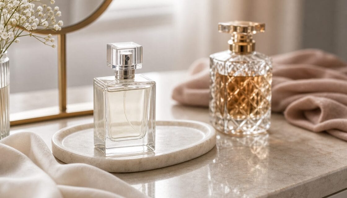 Dos perfumes sin marca en una mesa de tocador para comparar elegancia y exceso