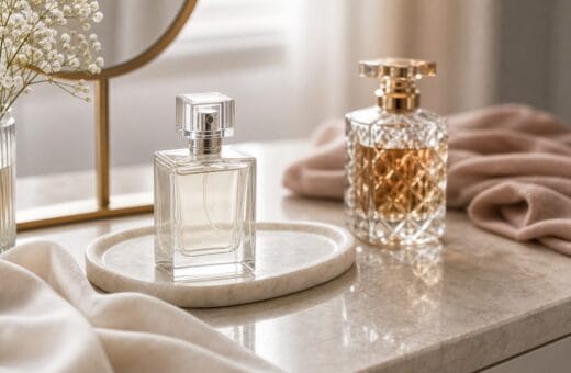 Dos perfumes sin marca en una mesa de tocador para comparar elegancia y exceso