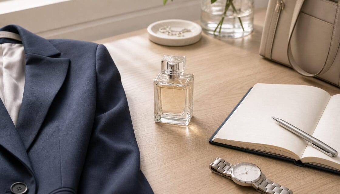 Perfume pequeño sin marca sobre escritorio con blazer, libreta y reloj