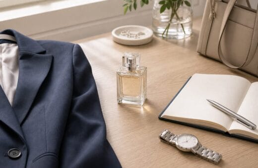 Perfume pequeño sin marca sobre escritorio con blazer, libreta y reloj