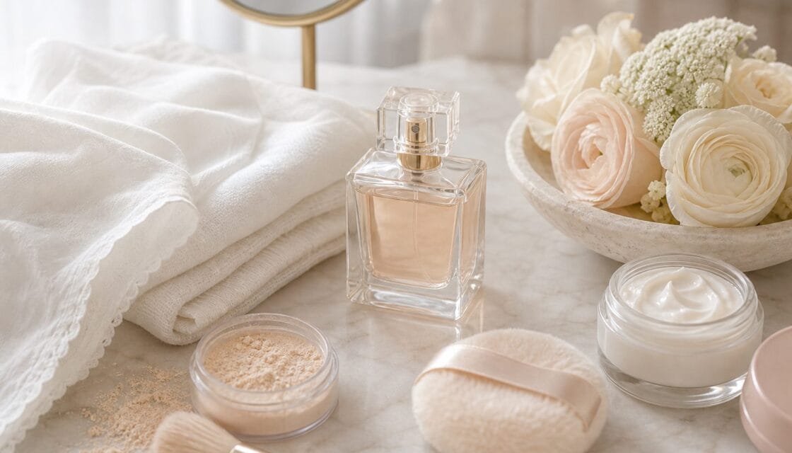 Perfume sin marca con algodon blanco, polvo cosmetico y flores color crema