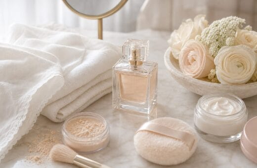 Perfume sin marca con algodon blanco, polvo cosmetico y flores color crema