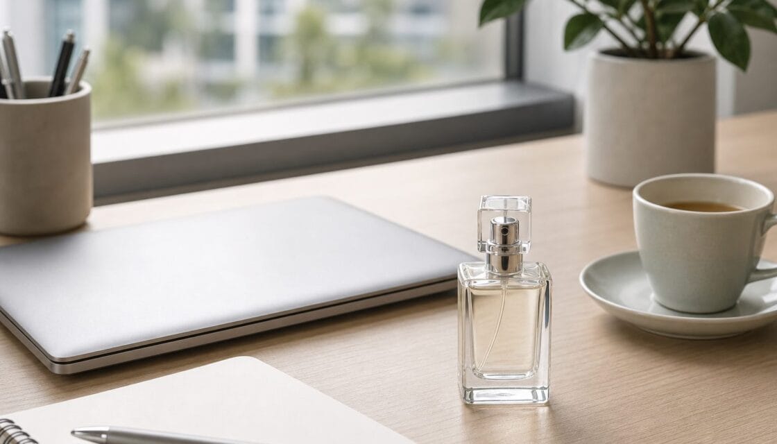 Perfume sin marca en escritorio limpio con libreta, portatil cerrado y taza
