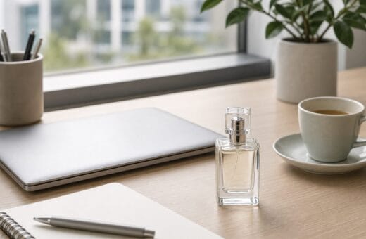 Perfume sin marca en escritorio limpio con libreta, portatil cerrado y taza