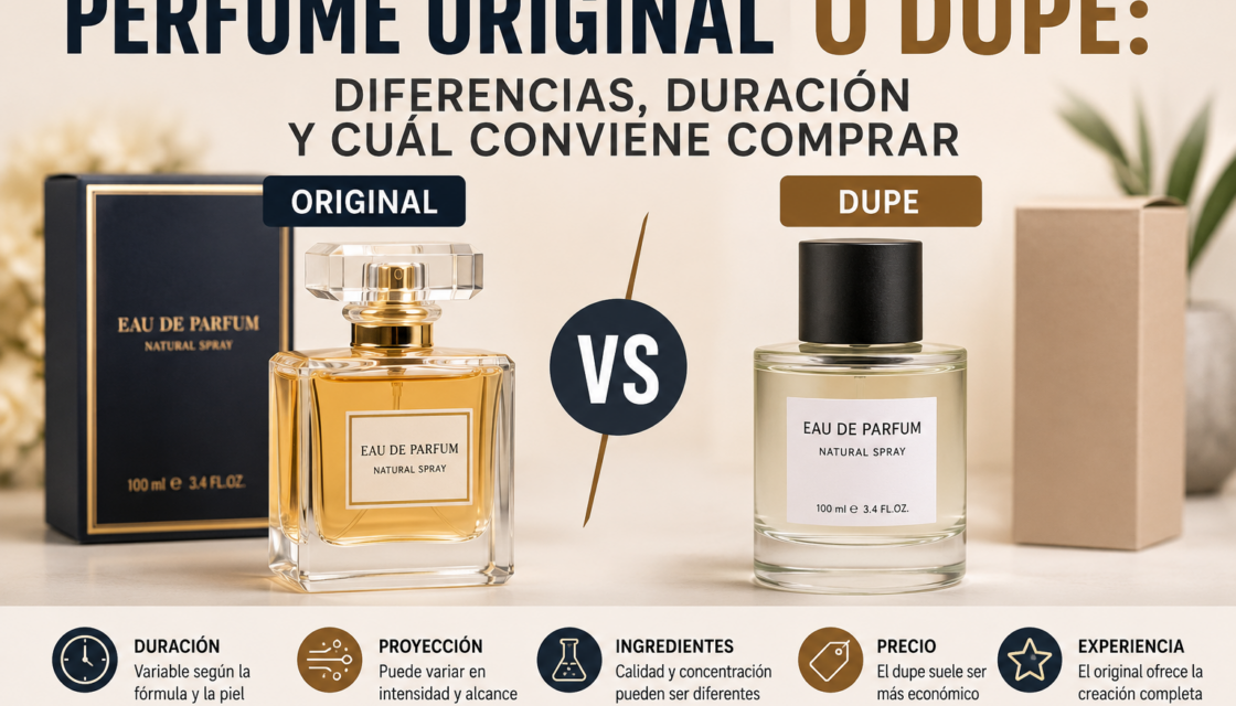 Comparación entre un perfume original y un dupe con diferencias de duración, proyección, ingredientes y precio.