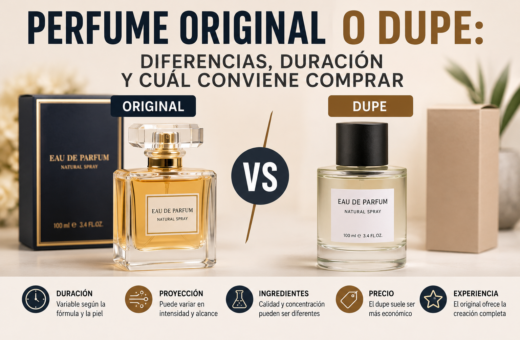 Comparación entre un perfume original y un dupe con diferencias de duración, proyección, ingredientes y precio.