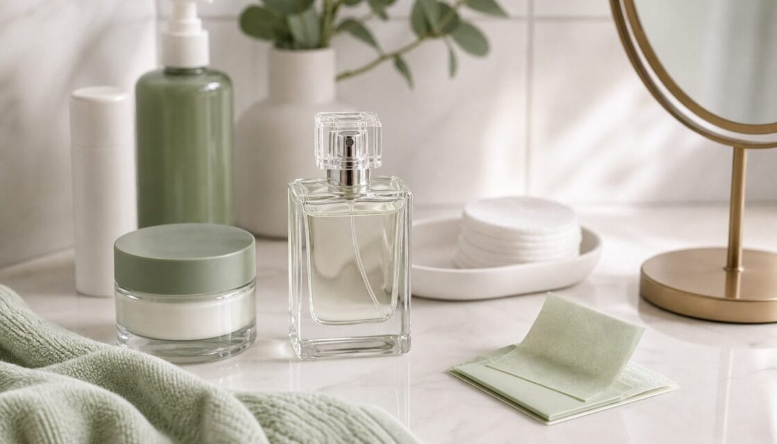 Perfume sin marca junto a papeles absorbentes y productos neutros de cuidado facial