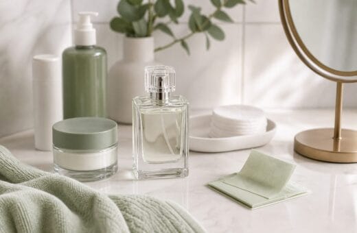 Perfume sin marca junto a papeles absorbentes y productos neutros de cuidado facial