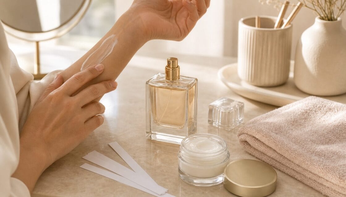 Perfume sin marca junto a crema hidratante neutra, toalla suave y tiras olfativas