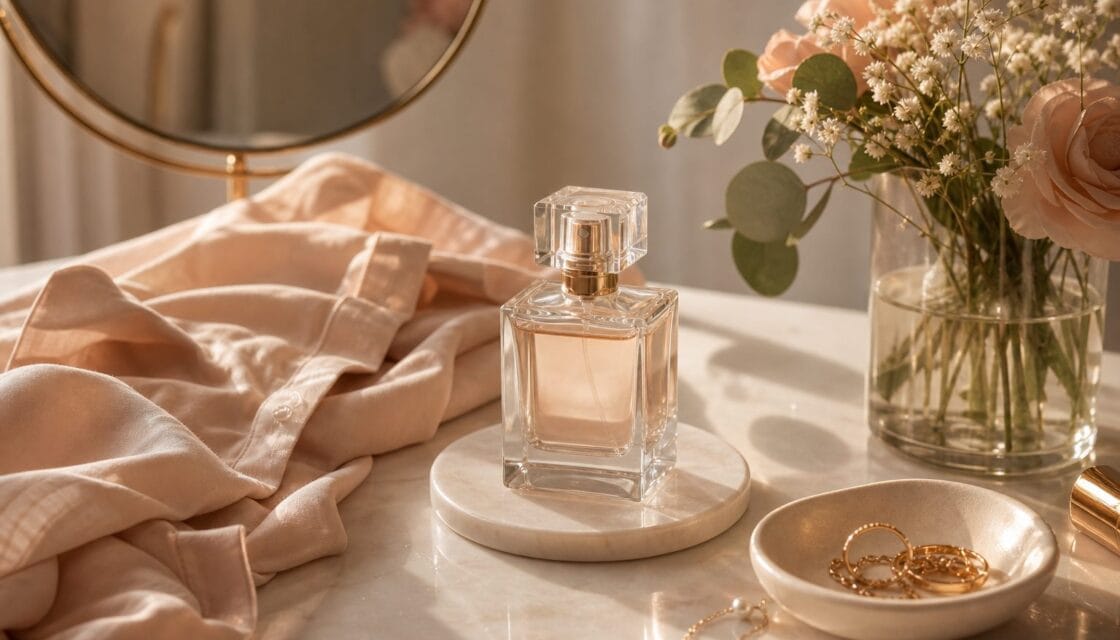 Perfume sin marca en mesa calida con camisa suave, flores y joyero simple