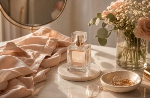 Perfume sin marca en mesa calida con camisa suave, flores y joyero simple