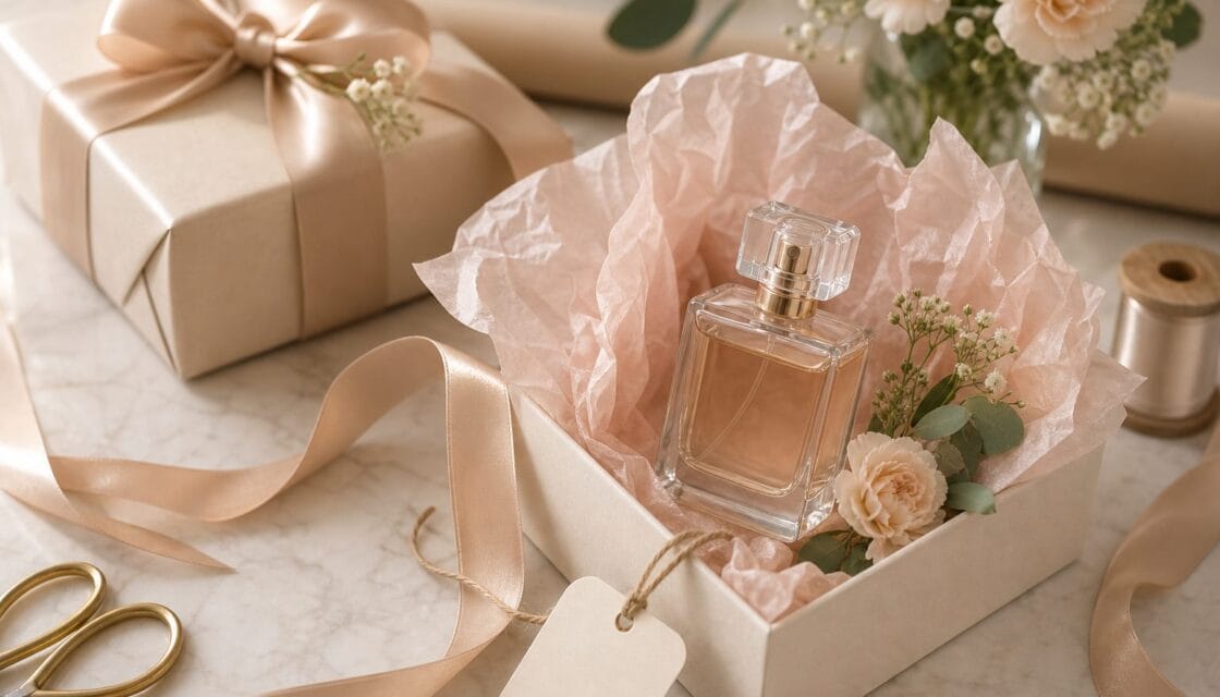 Perfume sin marca colocado en envoltorio elegante con cinta y flores