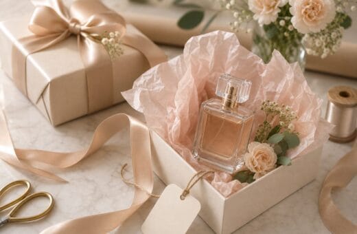Perfume sin marca colocado en envoltorio elegante con cinta y flores