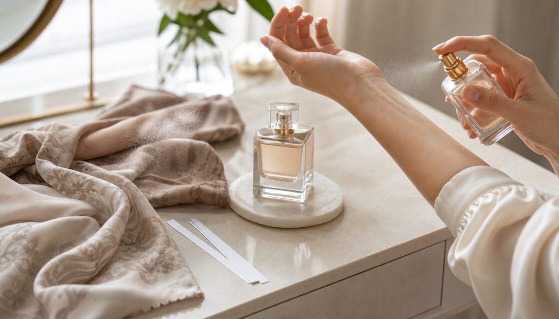 Perfume aplicado sobre la muñeca junto a una tela delicada y tiras olfativas