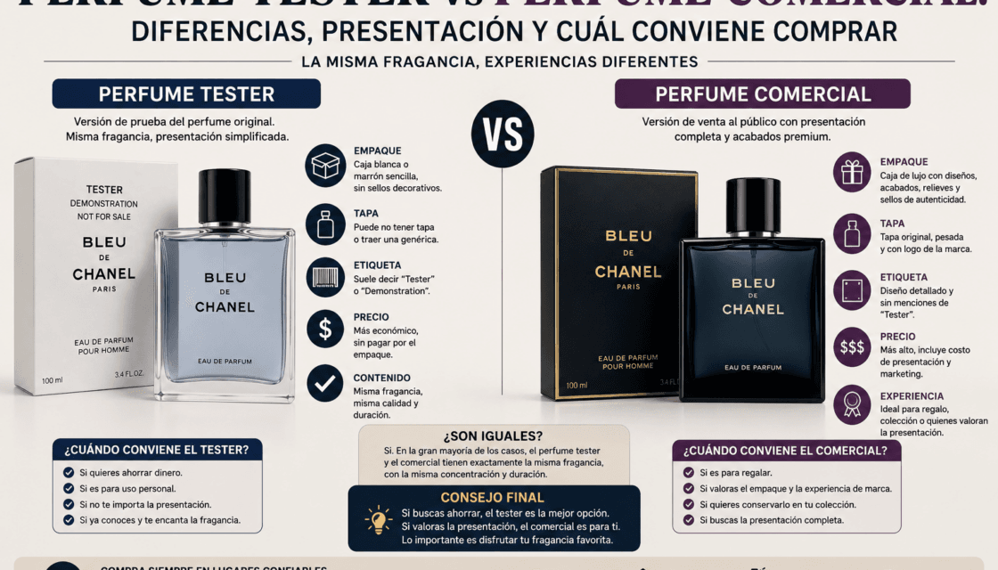 Comparación entre un perfume tester y un perfume comercial, incluyendo presentación, precio, empaque y contenido.