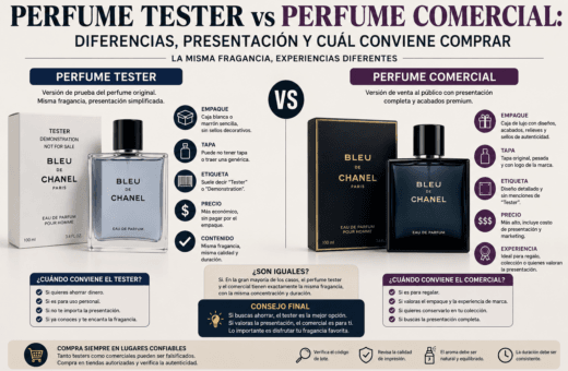 Comparación entre un perfume tester y un perfume comercial, incluyendo presentación, precio, empaque y contenido.