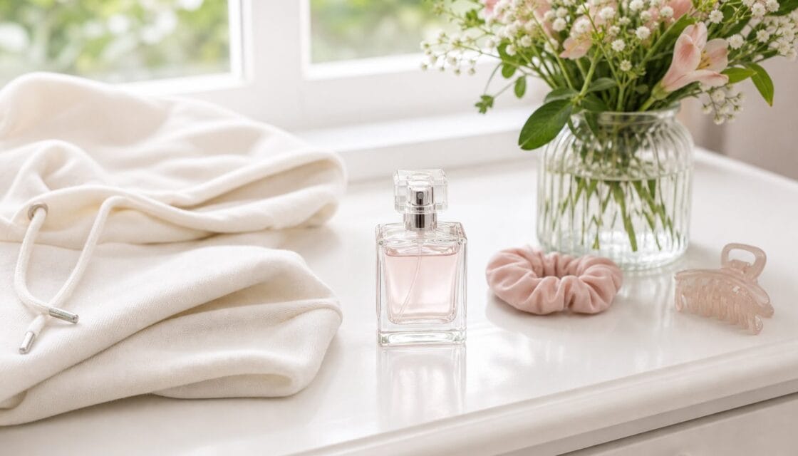 Perfume pequeño sin marca en un tocador luminoso con ropa suave y flores