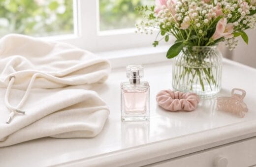 Perfume pequeño sin marca en un tocador luminoso con ropa suave y flores
