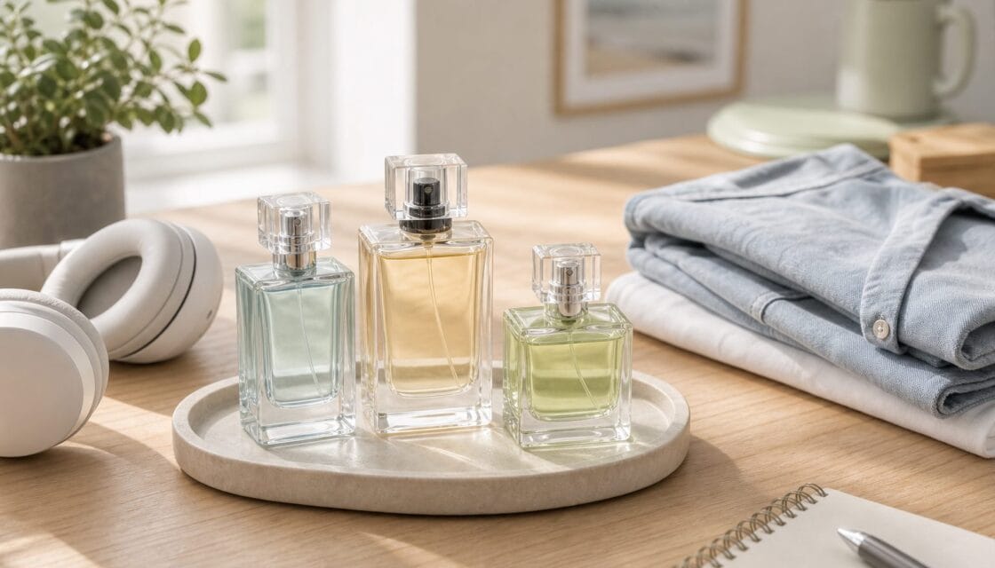 Pequeña coleccion de perfumes sin marca en escritorio moderno con accesorios simples
