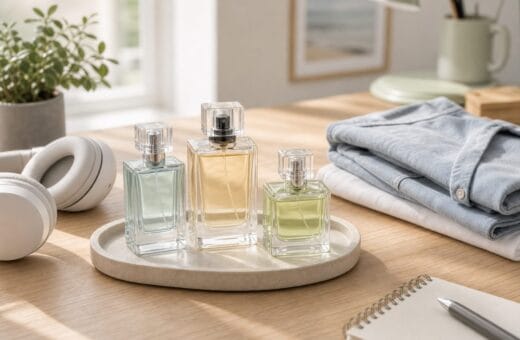 Pequeña coleccion de perfumes sin marca en escritorio moderno con accesorios simples