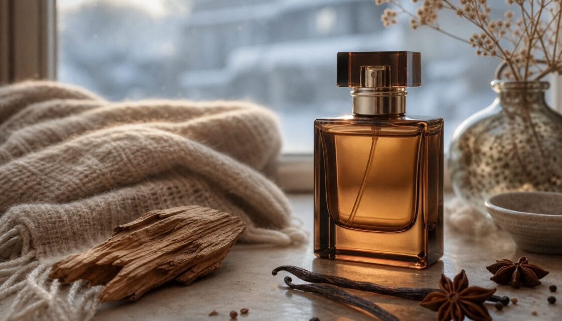 Perfume ambar junto a una bufanda, madera y especias en ambiente de invierno